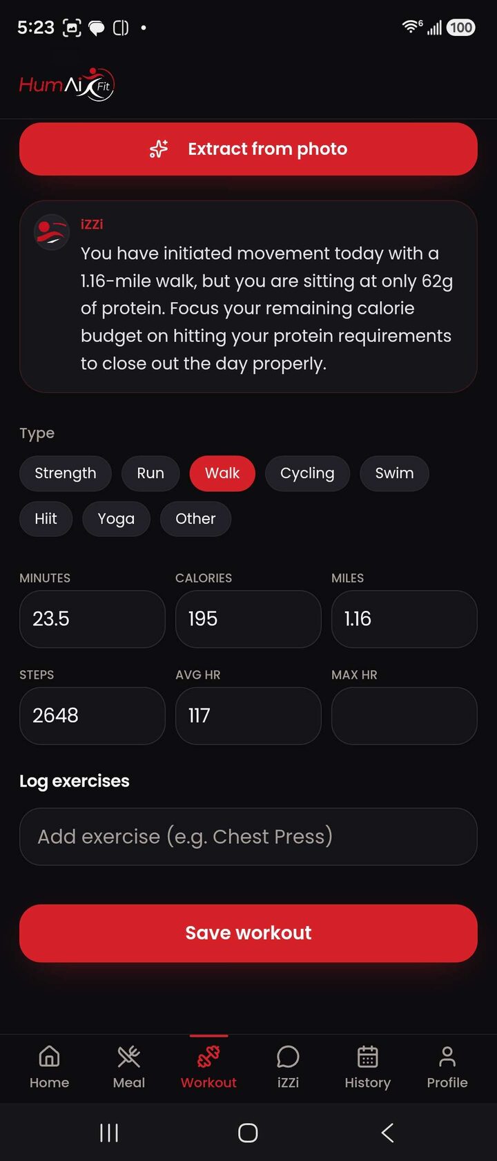 The HumAi Fit workout screen with feedback from the coach iZZi above the walk stats for the day