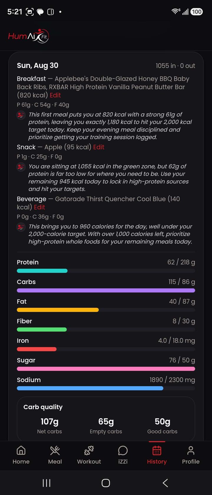 A HumAi Fit day view listing logged meals with protein, carbs, fat, fiber, and carb quality totals