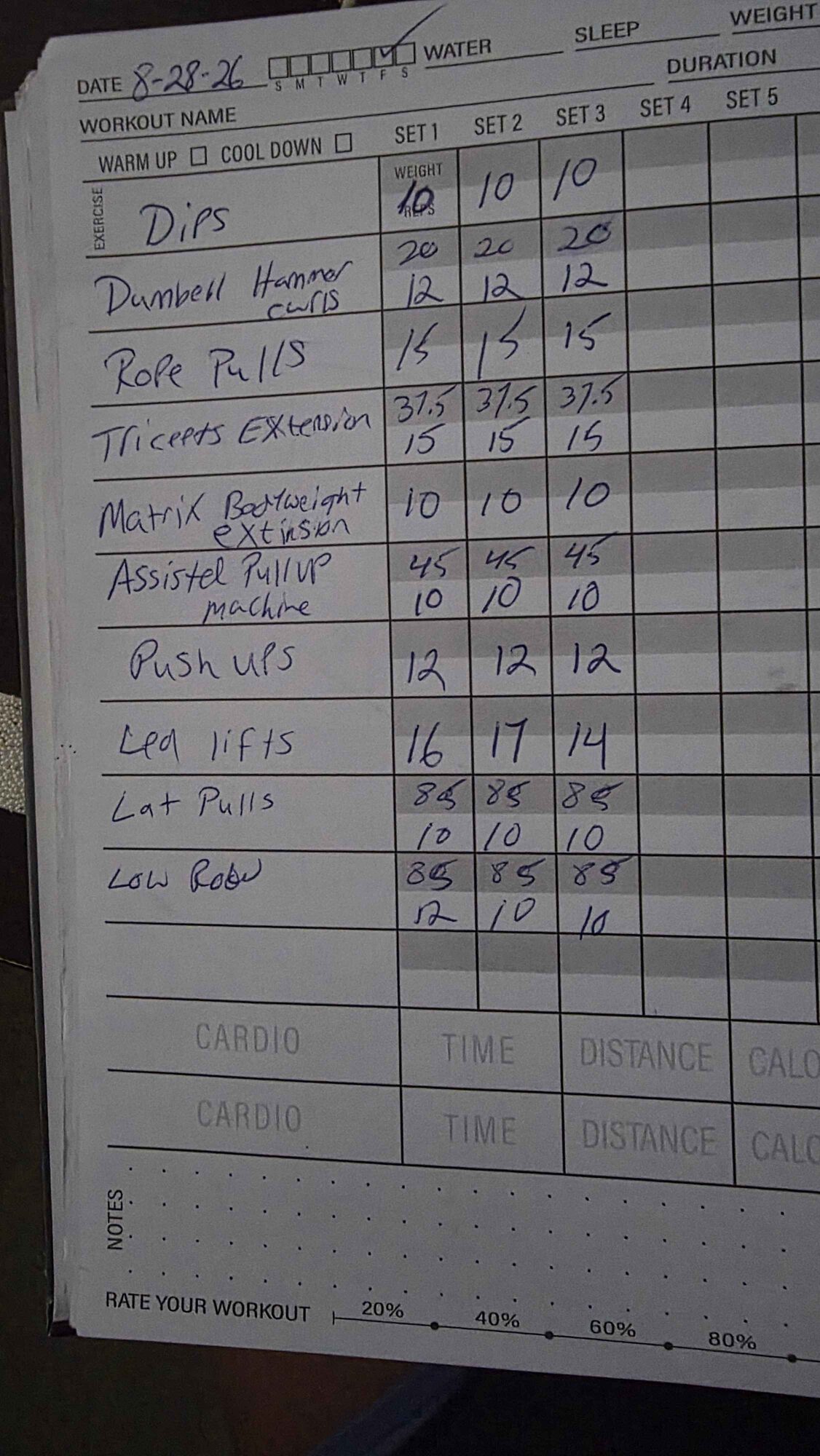 A handwritten paper workout journal listing machines, weights, and sets